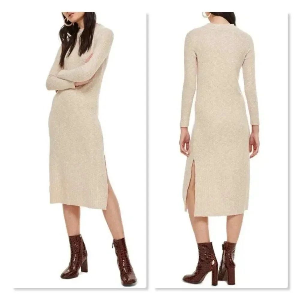 Topshop Ribbed Knit Long Sleeve Bodycon Midi Dress - size 10 in Oatmeal Cream